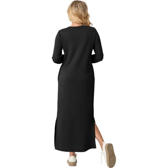 Women's Casual Round Neck Long Sleeve Loose Split Long Maxi Dress with Pockets - Picture 6 of 6